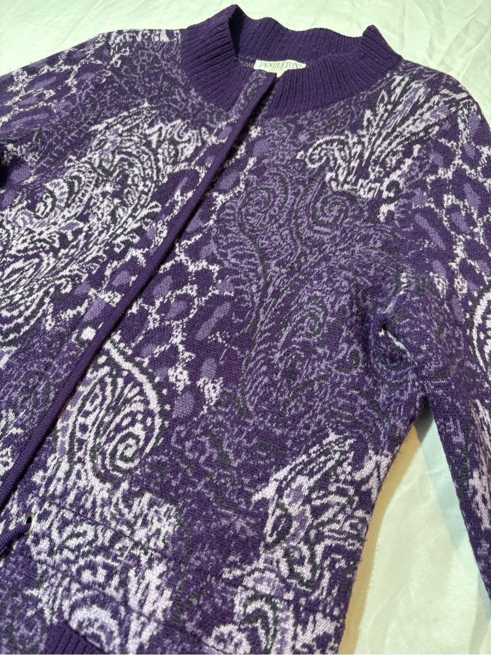Pendleton Sweater Womens Petite Medium Purple 100% Merino Wool Full Zip Jacket